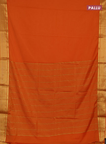 Semi mysore silk saree orange with plain body and temple design zari woven border