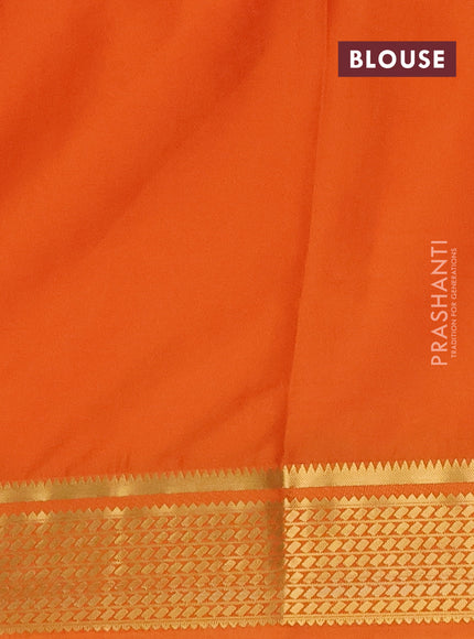 Semi mysore silk saree orange with plain body and temple design zari woven border