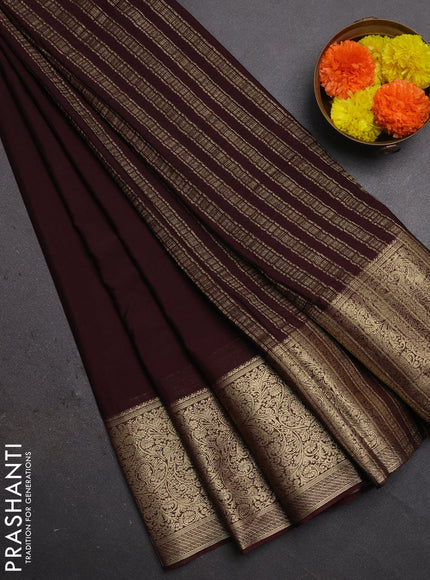 Semi mysore silk saree coffee brown with plain body and long zari woven border