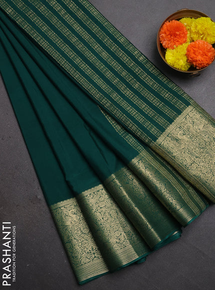 Semi mysore silk saree bottle green with plain body and long zari woven border