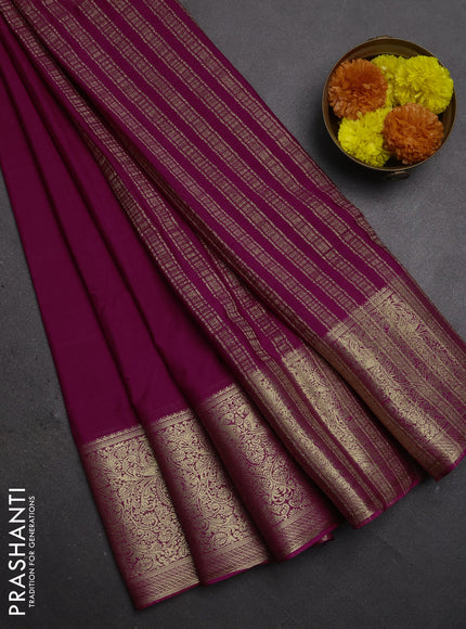 Semi mysore silk saree dark magenta pink with plain body and long zari woven border