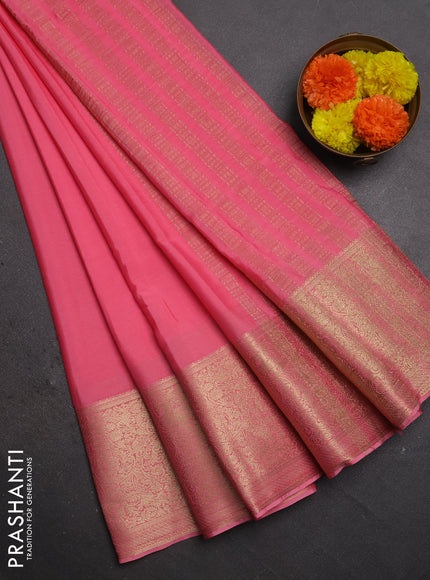Semi mysore silk saree light pink with plain body and long zari woven border