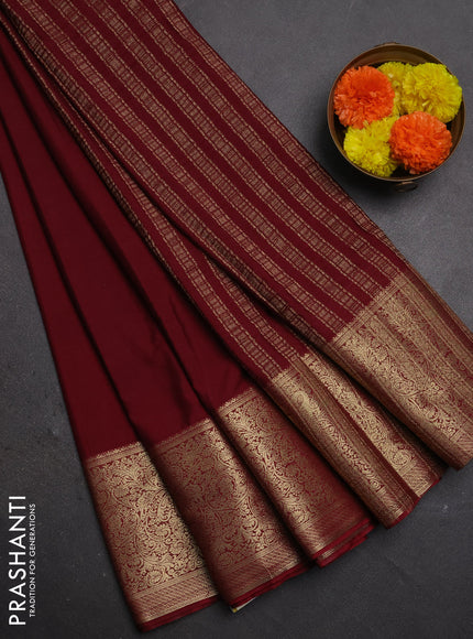 Semi mysore silk saree maroon with plain body and long zari woven border