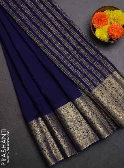 Semi mysore silk saree navy blue with plain body and long zari woven border