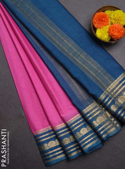 Semi mysore silk saree lotus pink and peacock blue with plain body and zari woven border