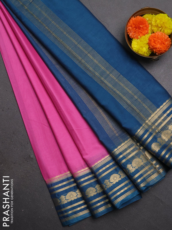 Semi mysore silk saree lotus pink and peacock blue with plain body and zari woven border