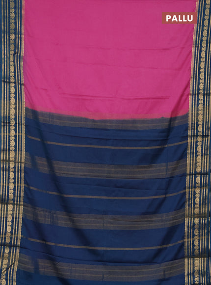 Semi mysore silk saree lotus pink and peacock blue with plain body and zari woven border