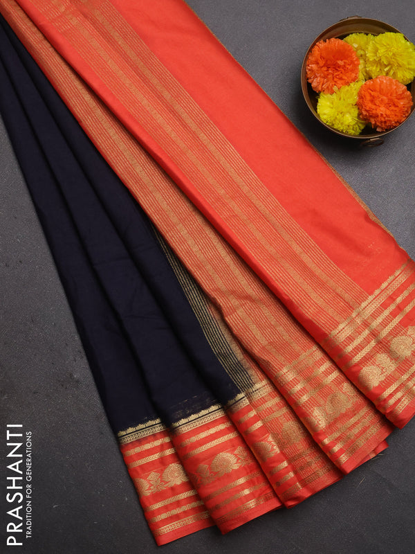 Semi mysore silk saree black and orange with plain body and zari woven border