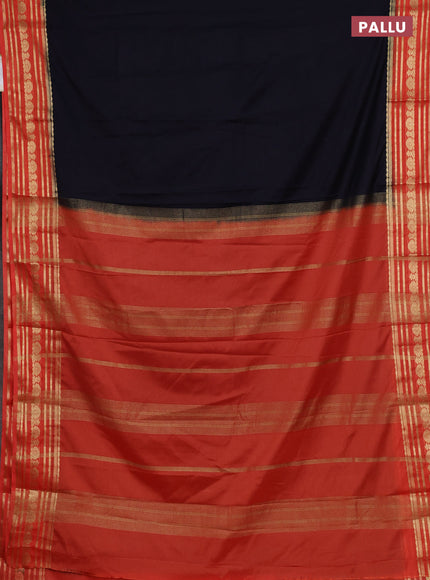 Semi mysore silk saree black and orange with plain body and zari woven border