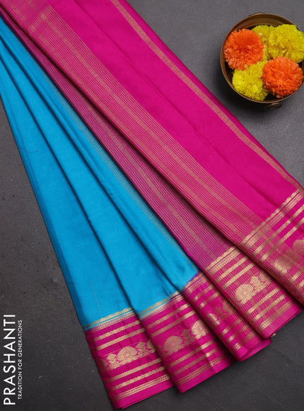 Semi mysore silk saree cs blue and pink with plain body and zari woven border
