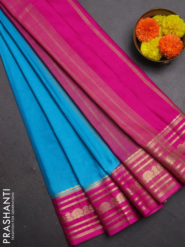 Semi mysore silk saree cs blue and pink with plain body and zari woven border
