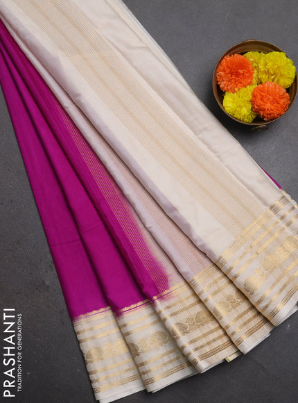 Semi mysore silk saree magenta pink and beige with plain body and zari woven border