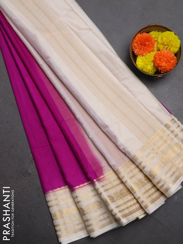 Semi mysore silk saree magenta pink and beige with plain body and zari woven border