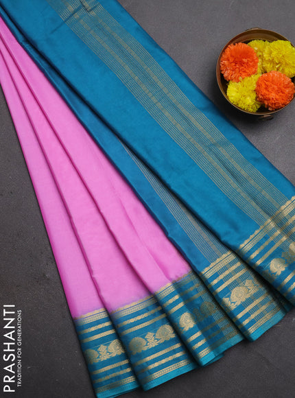 Semi mysore silk saree lotus pink and teal blue with plain body and zari woven border