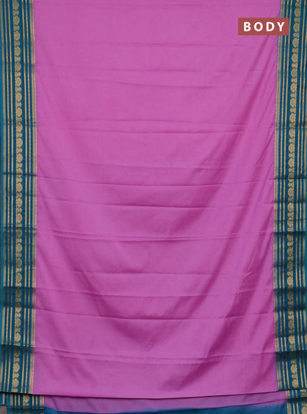 Semi mysore silk saree lotus pink and teal blue with plain body and zari woven border