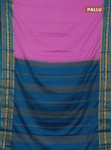 Semi mysore silk saree lotus pink and teal blue with plain body and zari woven border