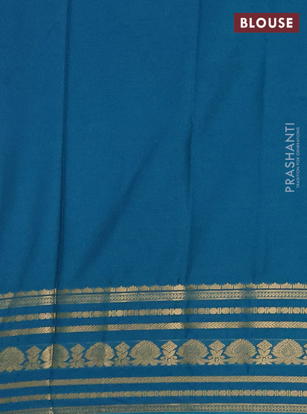 Semi mysore silk saree lotus pink and teal blue with plain body and zari woven border