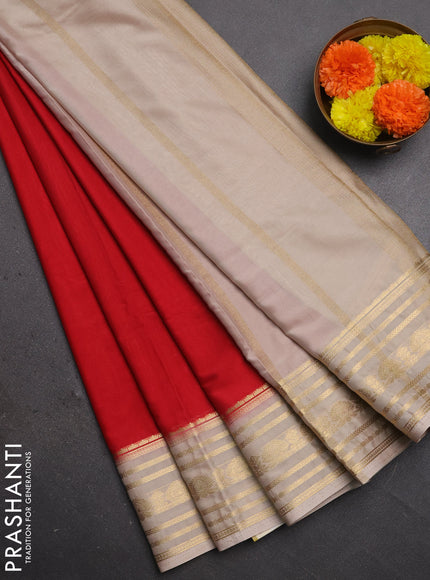 Semi mysore silk saree red and beige with plain body and zari woven border
