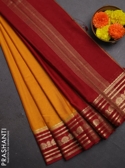 Semi mysore silk saree mustard yellow and maroon with plain body and zari woven border