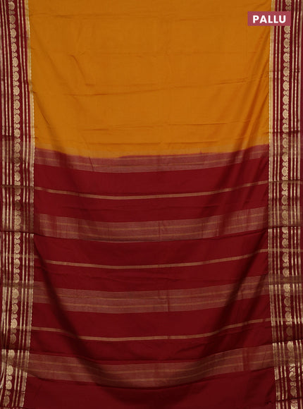 Semi mysore silk saree mustard yellow and maroon with plain body and zari woven border