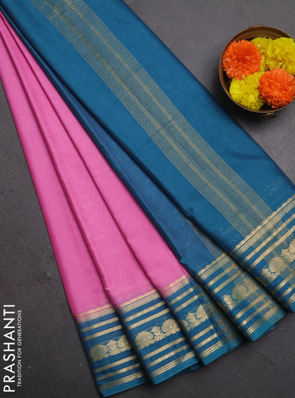 Semi mysore silk saree light pink and teal blue with plain body and zari woven border