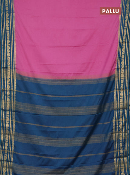 Semi mysore silk saree light pink and teal blue with plain body and zari woven border