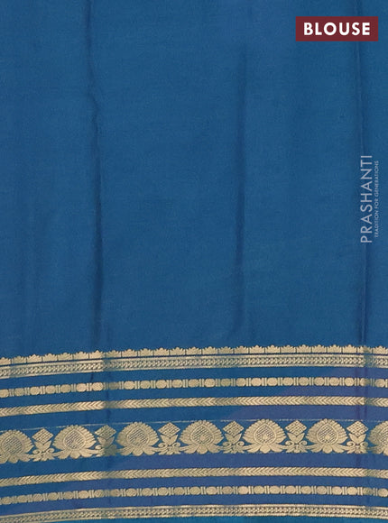 Semi mysore silk saree light pink and teal blue with plain body and zari woven border