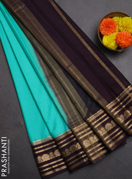 Semi mysore silk saree teal green and coffee brown with plain body and zari woven border