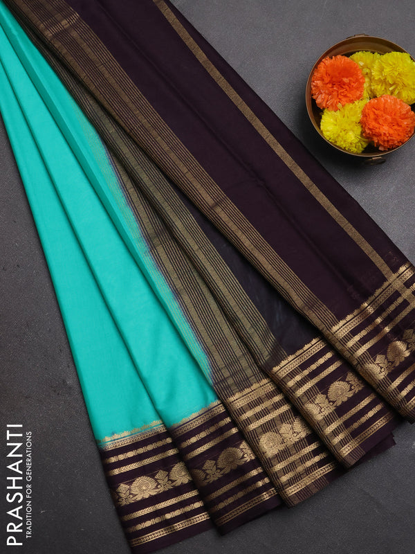 Semi mysore silk saree teal green and coffee brown with plain body and zari woven border