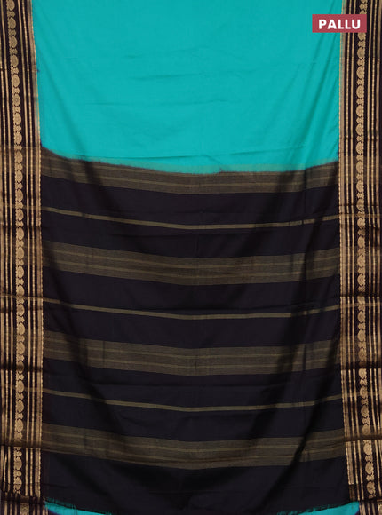 Semi mysore silk saree teal green and coffee brown with plain body and zari woven border