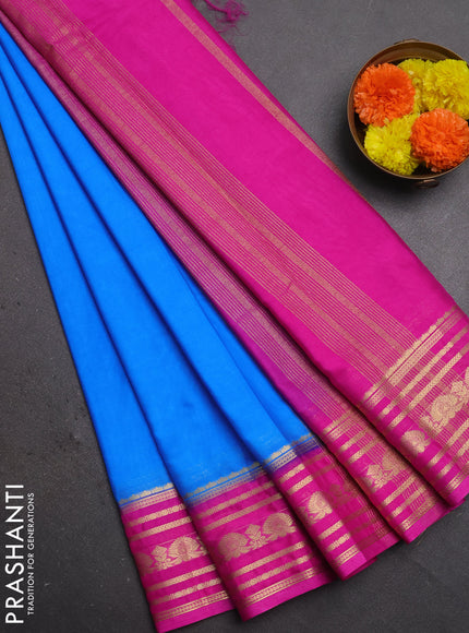 Semi mysore silk saree cs blue and pink with plain body and zari woven border