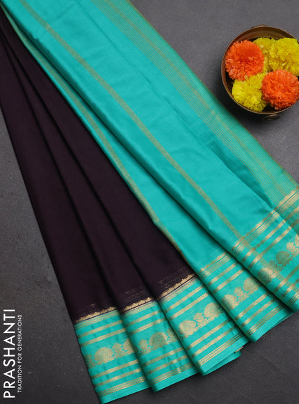 Semi mysore silk saree coffee brown and teal green with plain body and zari woven border