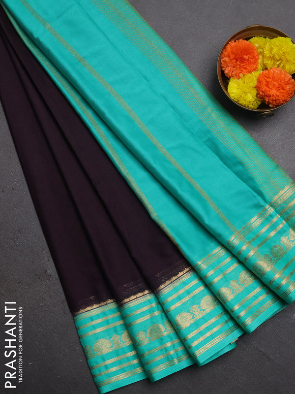 Semi mysore silk saree coffee brown and teal green with plain body and zari woven border