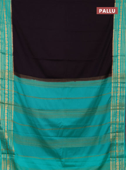 Semi mysore silk saree coffee brown and teal green with plain body and zari woven border