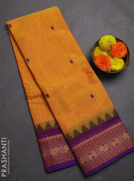 Chettinad cotton saree mustard yellow and purple with thread woven buttas and thread woven border