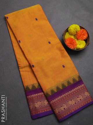 Chettinad cotton saree mustard yellow and purple with thread woven buttas and thread woven border