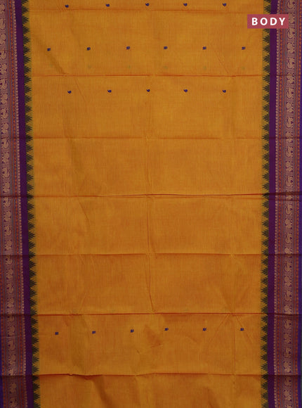 Chettinad cotton saree mustard yellow and purple with thread woven buttas and thread woven border