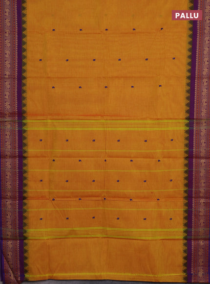 Chettinad cotton saree mustard yellow and purple with thread woven buttas and thread woven border