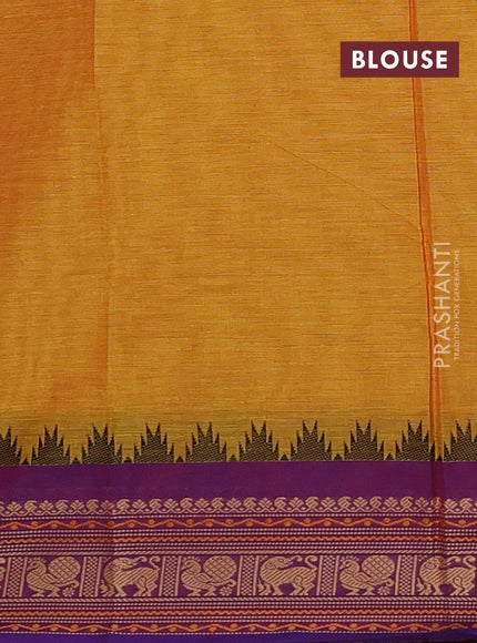Chettinad cotton saree mustard yellow and purple with thread woven buttas and thread woven border