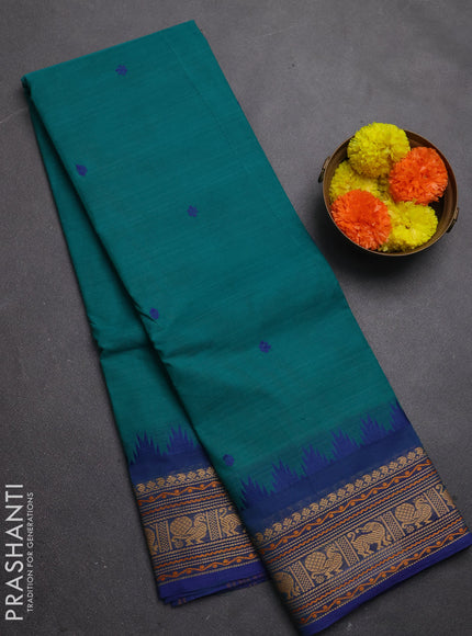 Chettinad cotton saree teal green and blue with thread woven buttas and thread woven border