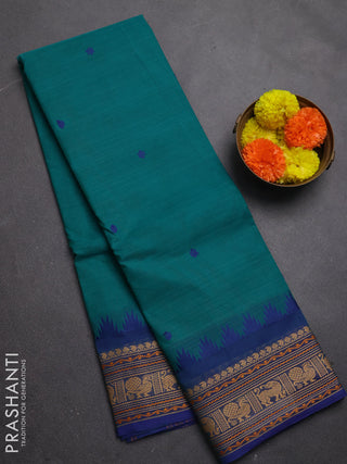 Chettinad cotton saree teal green and blue with thread woven buttas and thread woven border