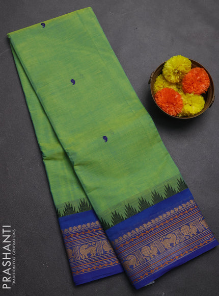 Chettinad cotton saree fluorescent green and blue with thread woven buttas and thread woven border