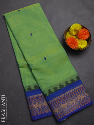 Chettinad cotton saree fluorescent green and blue with thread woven buttas and thread woven border
