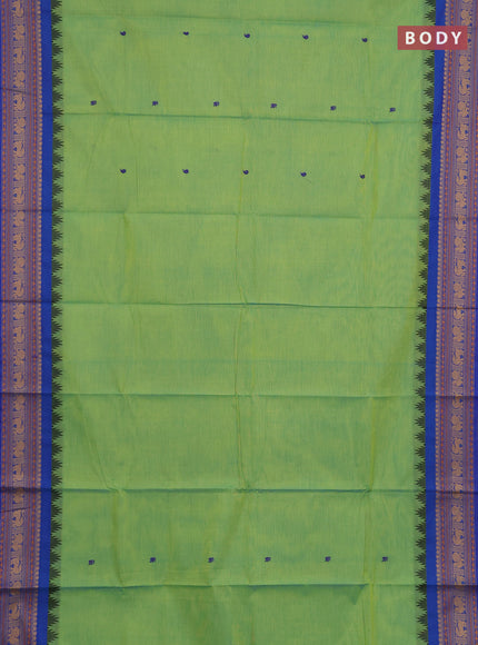 Chettinad cotton saree fluorescent green and blue with thread woven buttas and thread woven border