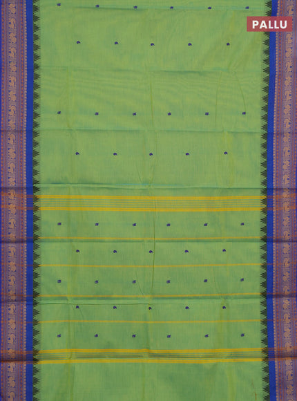 Chettinad cotton saree fluorescent green and blue with thread woven buttas and thread woven border