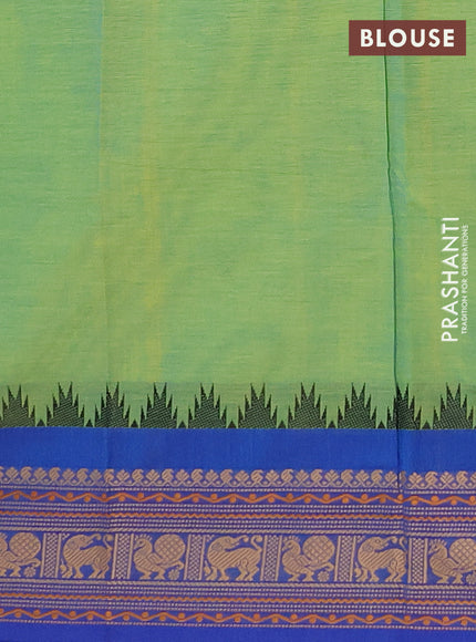 Chettinad cotton saree fluorescent green and blue with thread woven buttas and thread woven border