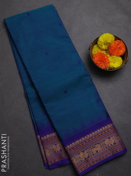 Chettinad cotton saree teal green and blue with thread woven buttas and thread woven border