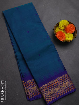 Chettinad cotton saree teal green and blue with thread woven buttas and thread woven border