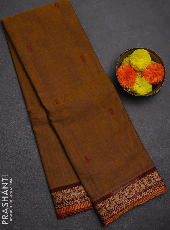 Chettinad cotton saree mustard yellow and maroon with thread woven buttas and small thread woven border