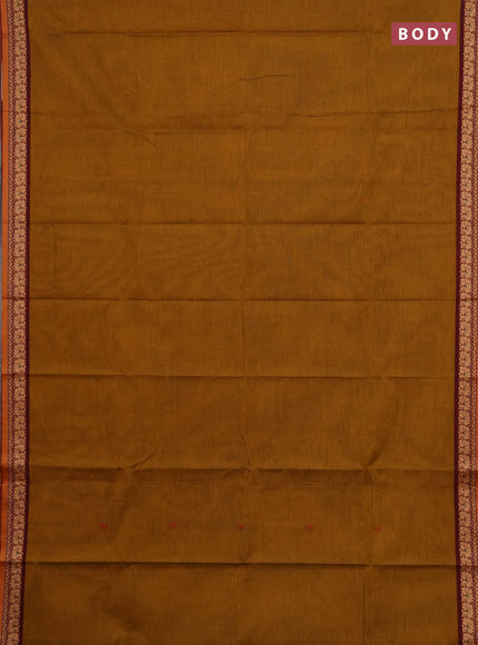 Chettinad cotton saree mustard yellow and maroon with thread woven buttas and small thread woven border